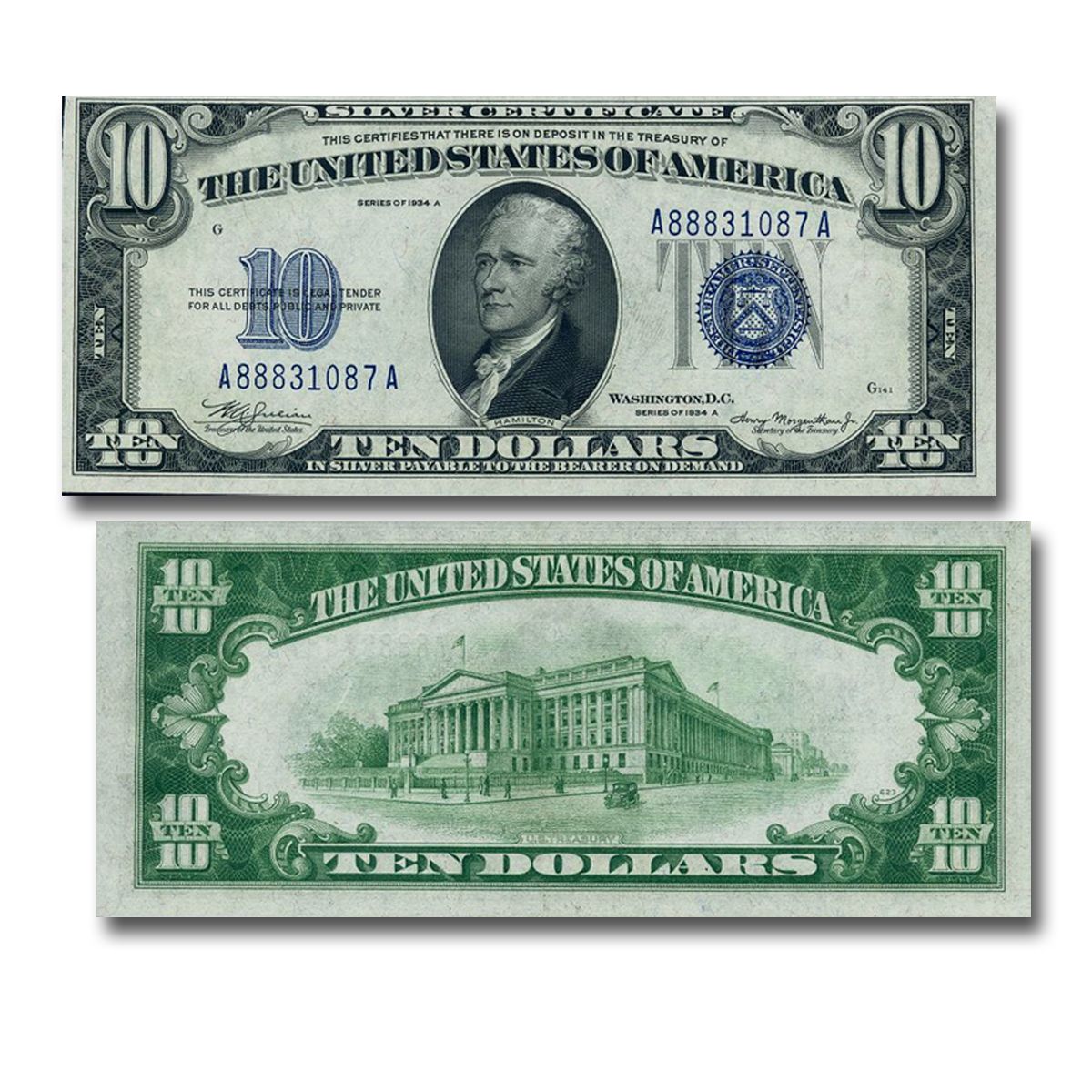 Reproduction $10 Bill Silver Certificate 1934 Alexander Hamilton US Treasury Ten 
