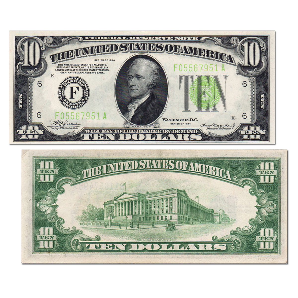 1934 $10 Federal Reserve Note Cleveland F/VF Condition bmm 