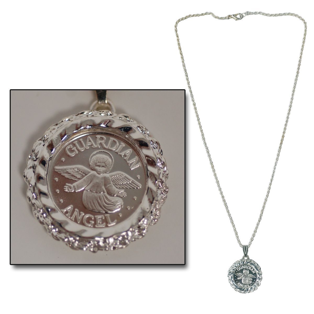 22mm in S/S Diamond-Cut Rope Pendant .999 PURE SILVER  Guardian Angel Coin 
