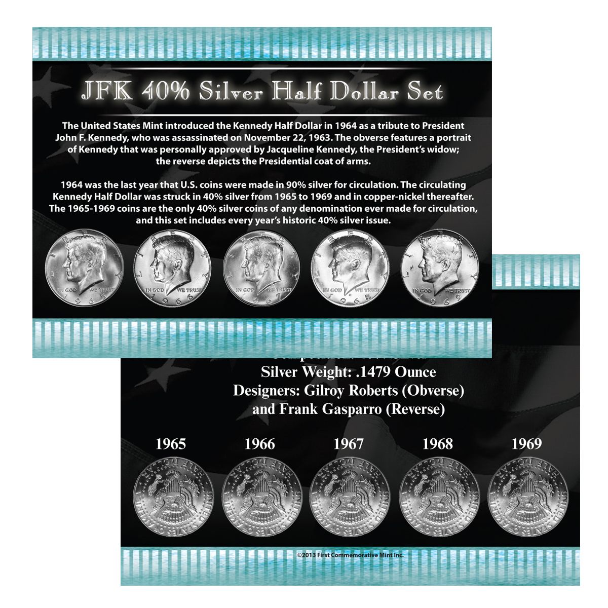 Lot of 5 Black Felt COIN GIFT METAL BOX for 1-Quarter plus 1-Half Dollar US JFK 