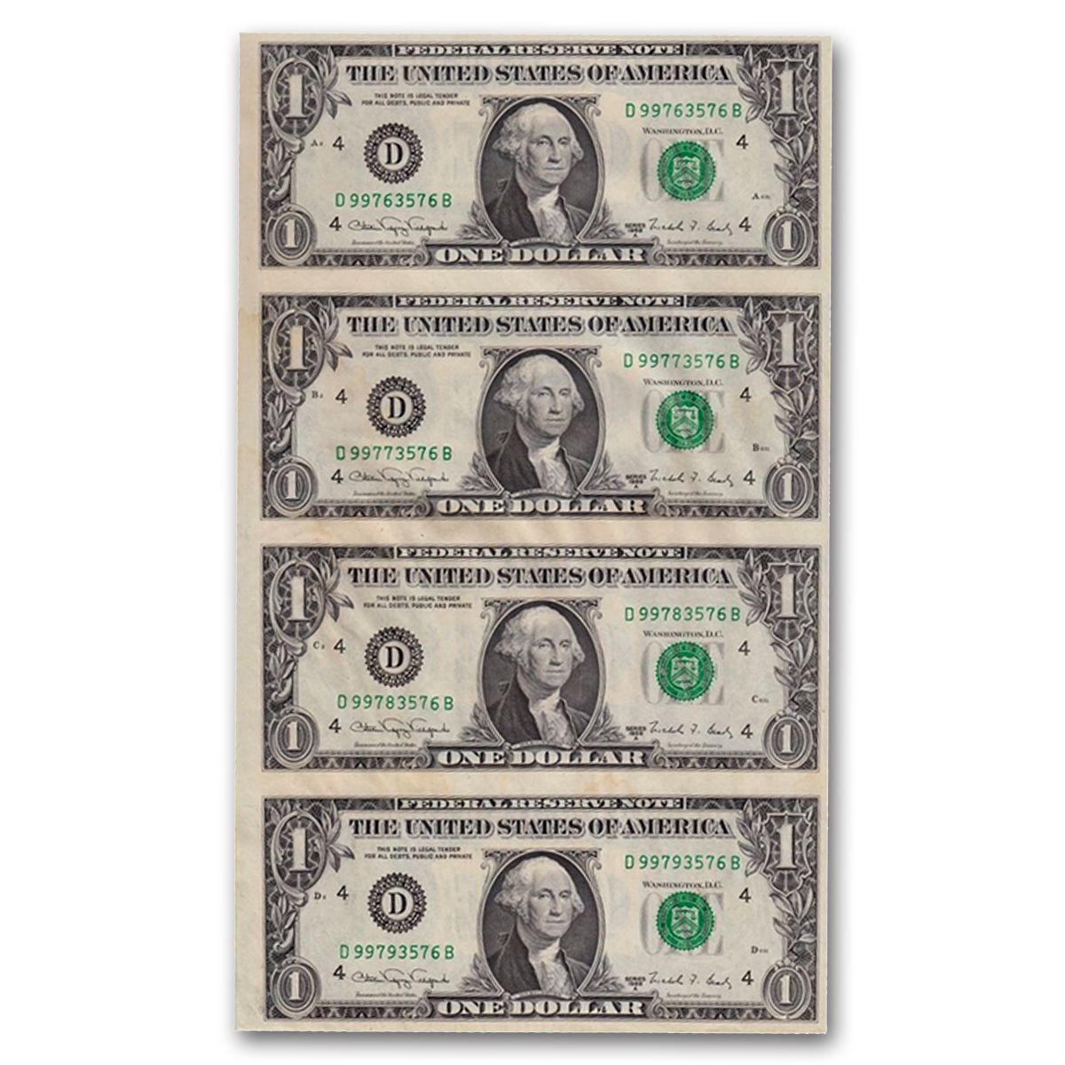 Genuine UNCUT sheet of Two Dollar bills BU Uncirculated New 