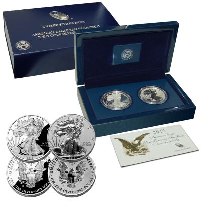 2012-S 2-Coin Silver American Eagle Set (75th Anniv) Proof & Reverse Proof 1