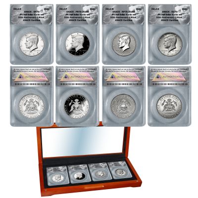 2014 ANACS "70" 4-piece 50th Anniversary Silver Kennedy Half Dollar Set 1