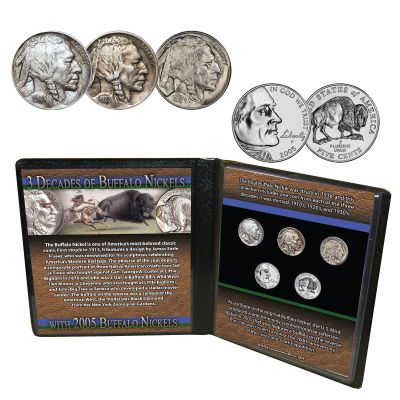 3 Decades of Buffalo Nickels with a P&D Bison Nickel 1