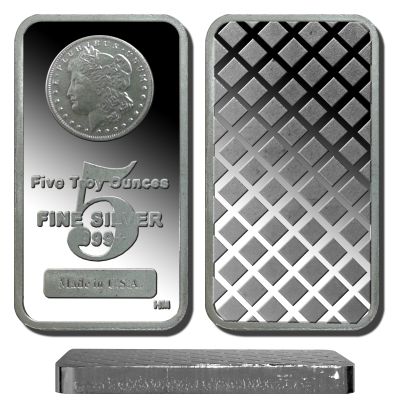 5 Ounce .999 Solid Silver Bar - Morgan Dollar Design 1