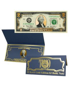 22k Gold Layered Uncirculated Two Dollar Bill